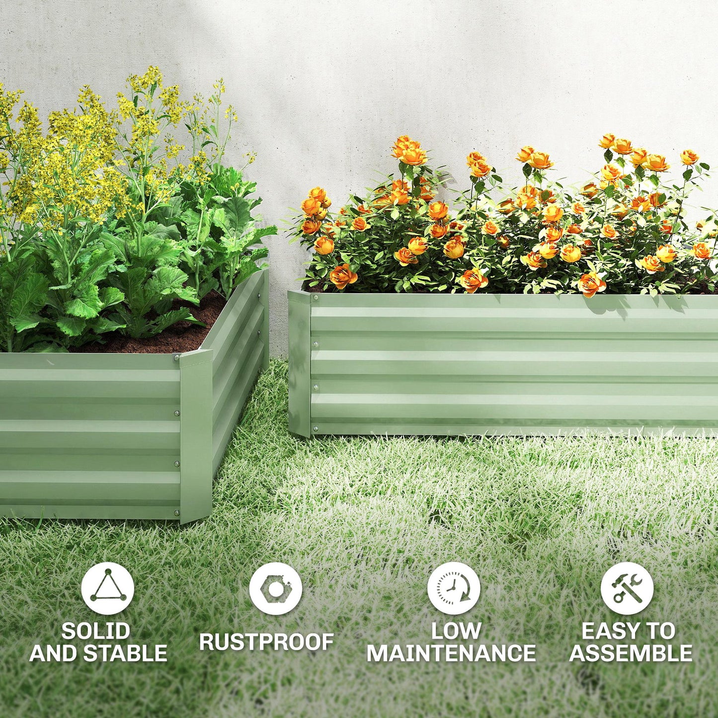 Set of 2 Galvanised Steel Raised Garden Beds | Open Bottom | Direct Soil Contact | No Waterlogging | Easy Assembly | Use Together or Alone | 100x60x30cm | Light Green