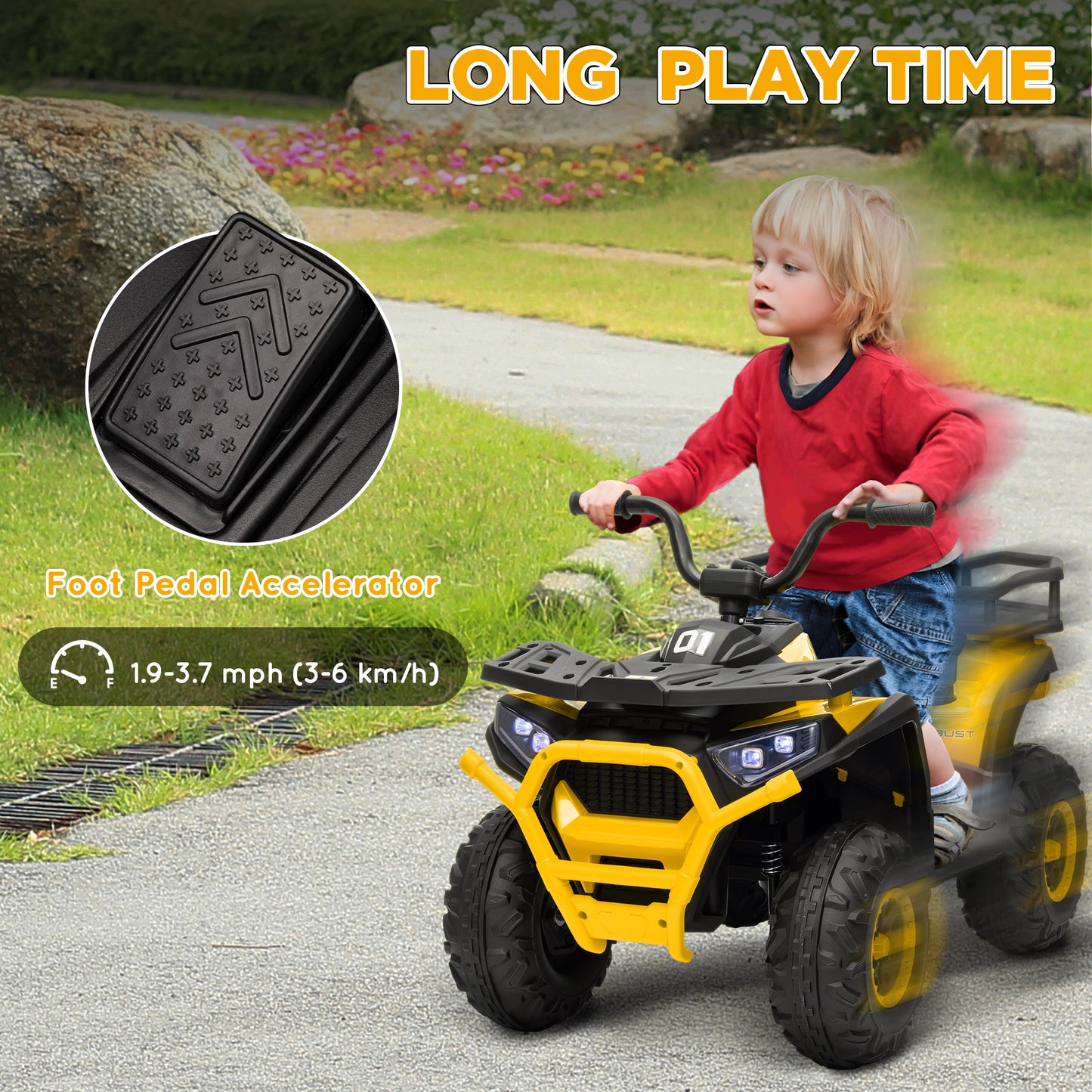 12V Kids Electric Ride on ATV, Battery Powered Quad Bike w/ Spring Suspension, Forward Backward, Storage Basket - Yellow