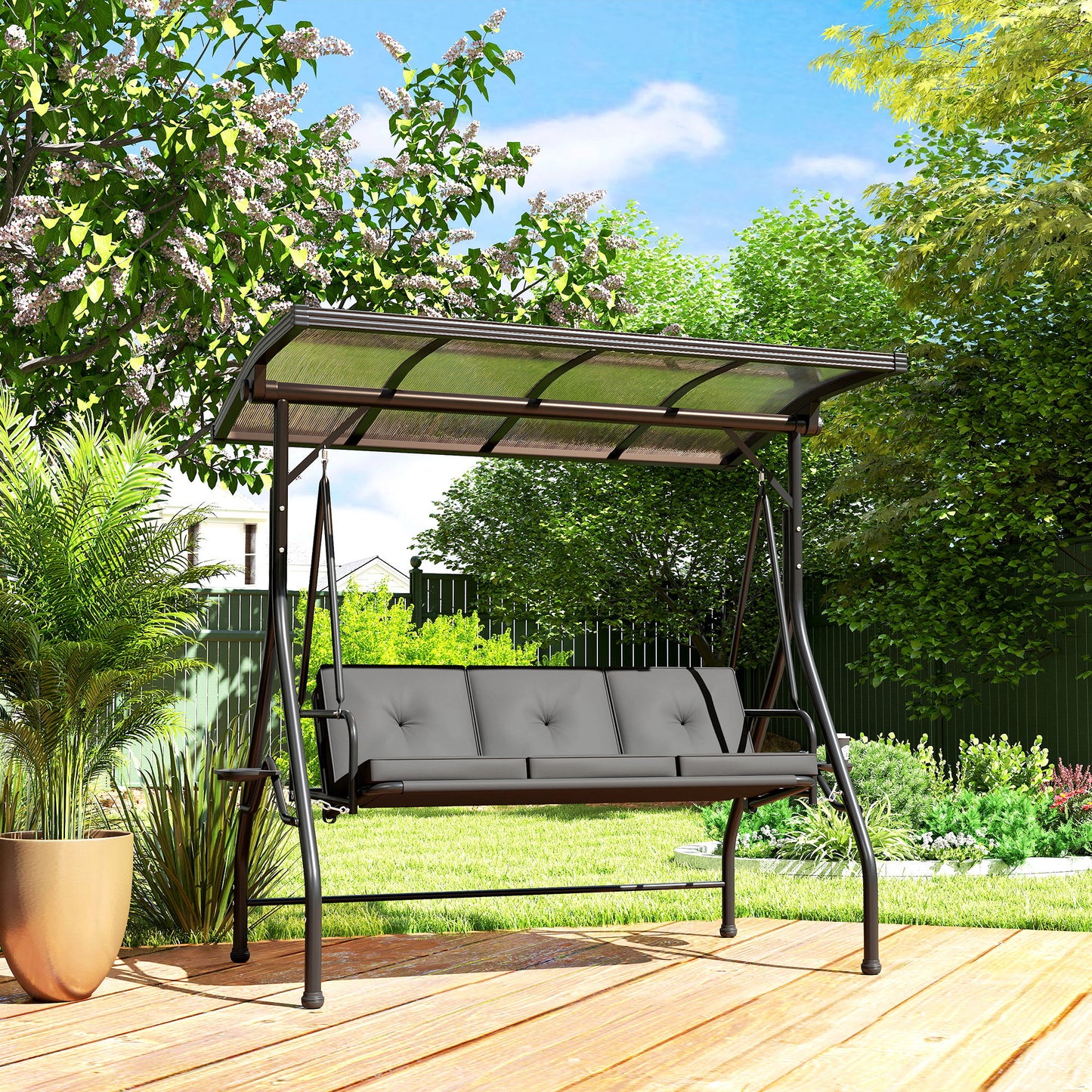 3 Seater Garden Swing Seat Chair Bed with UPF30+ Adjustable Canopy, Convertible W/ Cushion, Outdoor Hammock Bench W/ Cup Trays