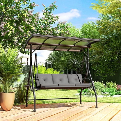 3 Seater Garden Swing Seat Chair Bed with UPF30+ Adjustable Canopy, Convertible W/ Cushion, Outdoor Hammock Bench W/ Cup Trays