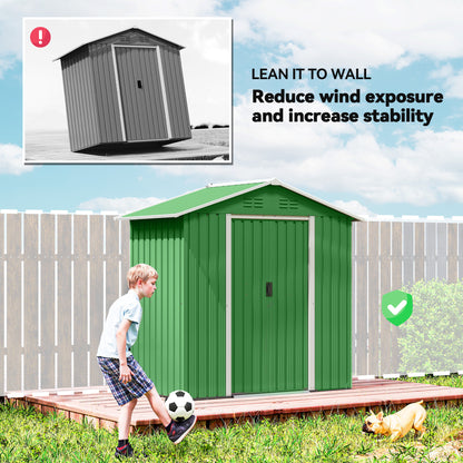 Galvanised Steel Garden Storage Shed | Double Sliding Lockable Door | 4 Vents | Sloped Roof | Steel Tile Roof & Walls | 194x107x191cm | 1.8m² | Green