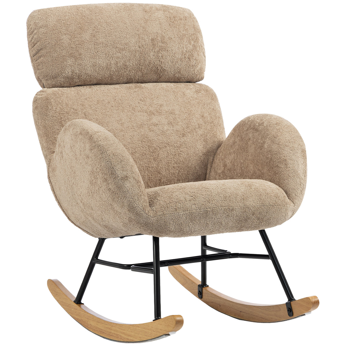 Upholstered Rocking Chair with 8cm Adjustable Headrest | 105° Rocking Motion | Raindrop Velvet High-Density Foam | Steel Plywood Frame Rubberwood Legs | 120kg Capacity | BS5852 | Light Brown | 71x90x100cm | Assembly Required