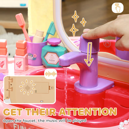 AIYAPLAY Kids Dressing Table with Mirror, LED Light, 23 Accessories, Pink