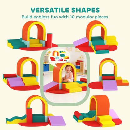 10-Piece Kids Soft Play Set | PU Leather & EPE Foam | Climbing Blocks | Anti-Slip Hook-and-Loop Pads | 90kg Capacity | EN71 Certified | Ages 12-36 Months | 152x82x70cm | Multicolour