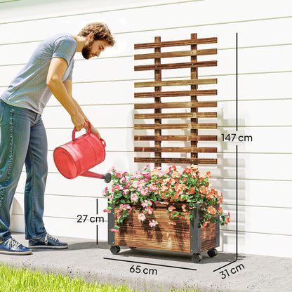 Carbonised Wood Raised Planter with Ladder Trellis | Reinforced Metal Corners | 4 Wheels 2 Lockable | Non-Woven Liner | Drainage Holes | 35kg Capacity | 65x31x147cm | Carbonised