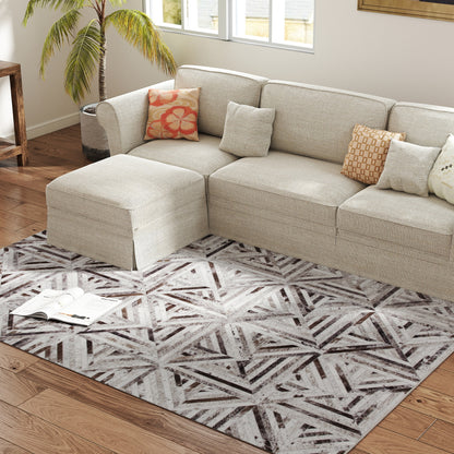 Modern Chenille Area Rug | Faux Leather Patchwork Print | Machine Washable | Non-Slip | Foldable | 290x200cm | Brown | Living Room Bedroom Dining Room Home Office