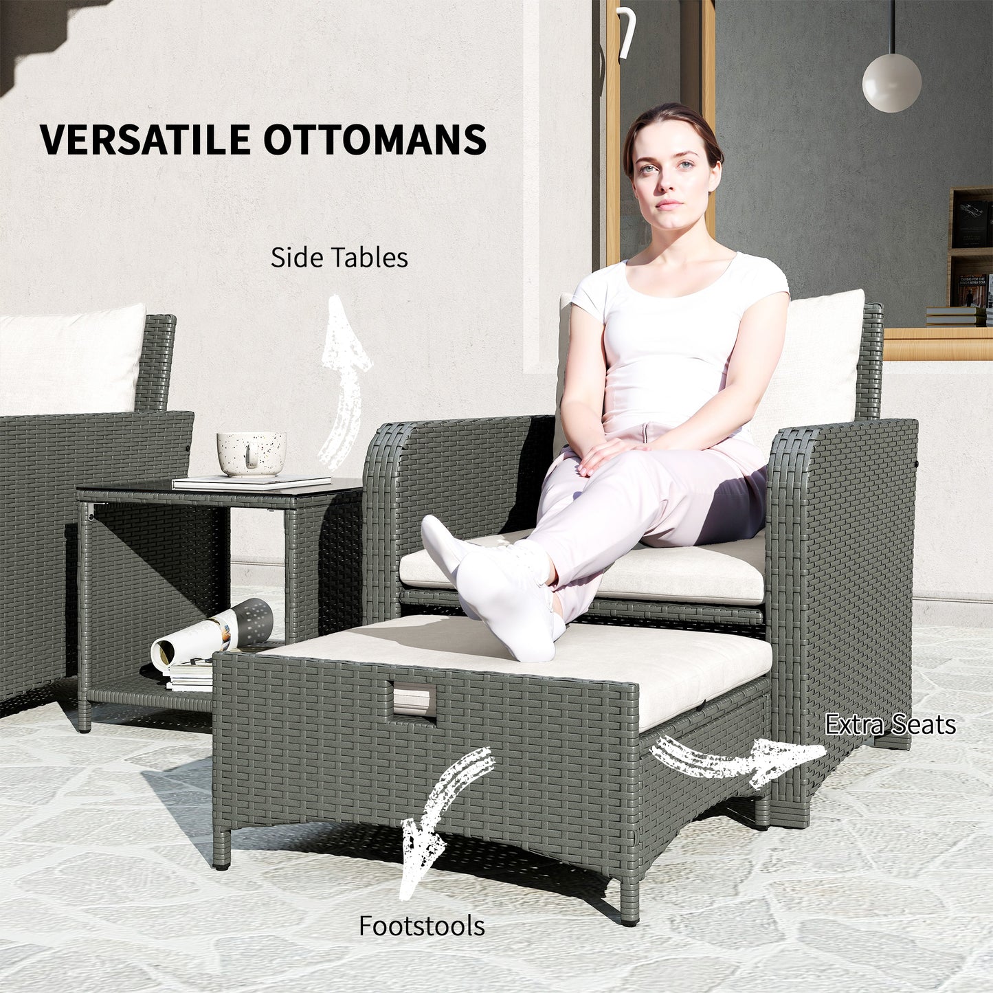 Five Piece Rattan Garden Furniture Set with 2-Tier Coffee Table and Ottomans  - Cream White