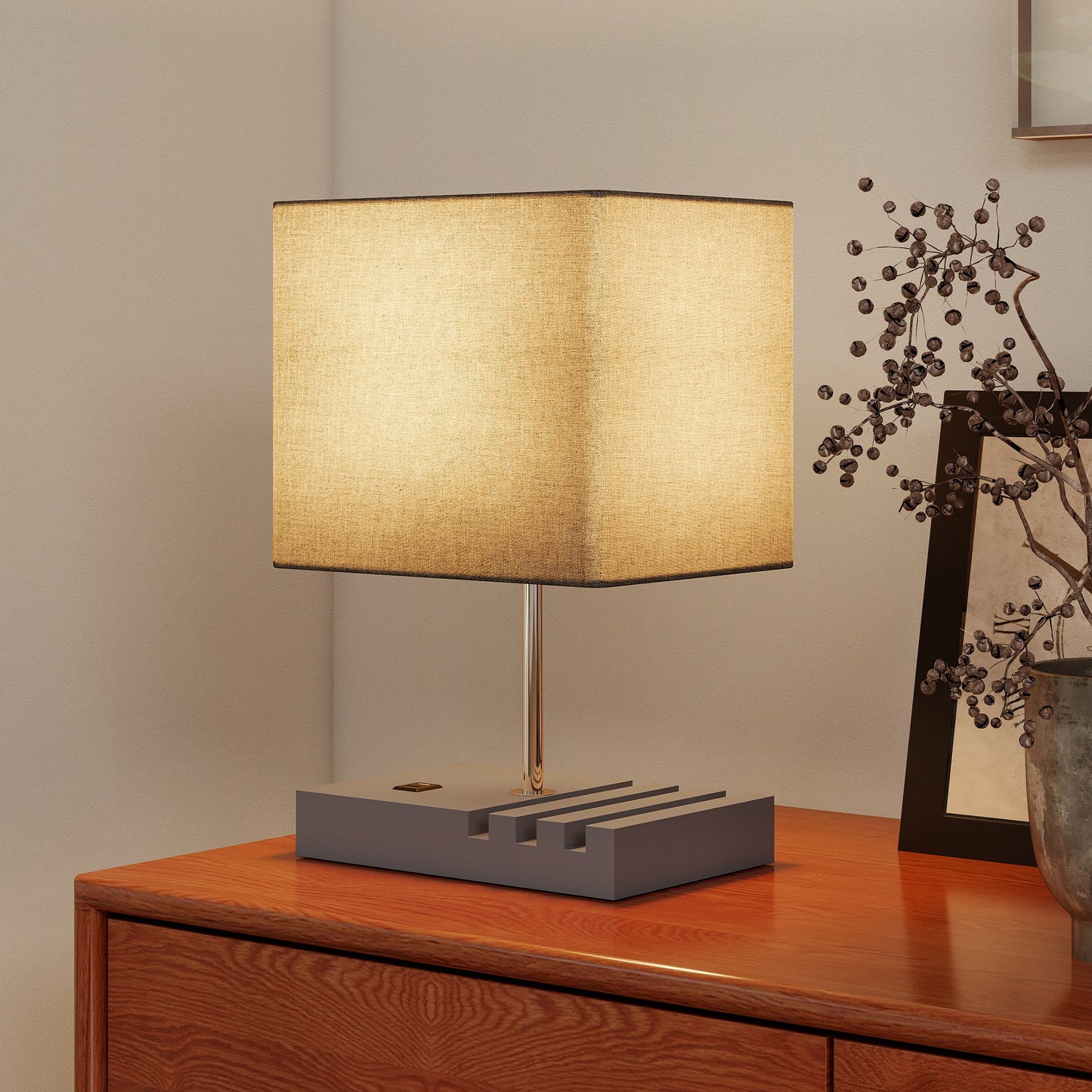 Bedside Table Lamp with USB-A & USB-C Charging Ports | 3 Device Organiser Slots | Solid Wood Base | TC Fabric Shade | Rocker Switch | E27 Max 40W | 1.5m Cable | 25x20x40.5cm | Bulb Not Included | Grey