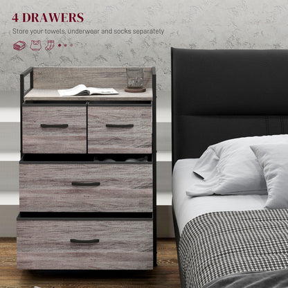 Retro Style Rustic Chest of Four Fabric Drawers - Grey Wood Effect