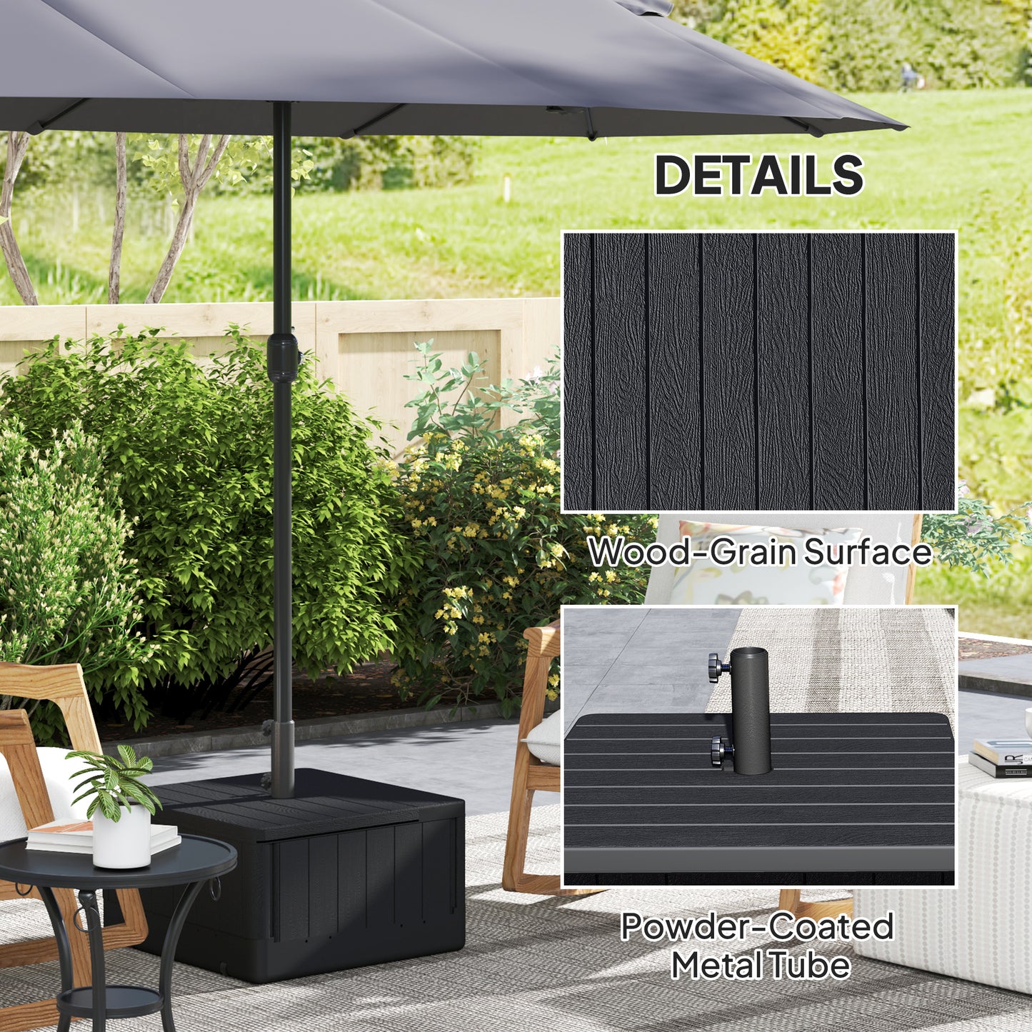 Fillable Parasol Base with Wheels & Handles | 80kg Sand or 50kg Water | Fits 38mm & 48mm Poles | 53x53x45cm | Deck Poolside & Garden | Black