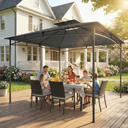3x3m Garden Gazebo | Double-Tier Roof | UPF 50+ Waterproof | Rust-Resistant Metal Frame | 6-8 People | Dark Grey