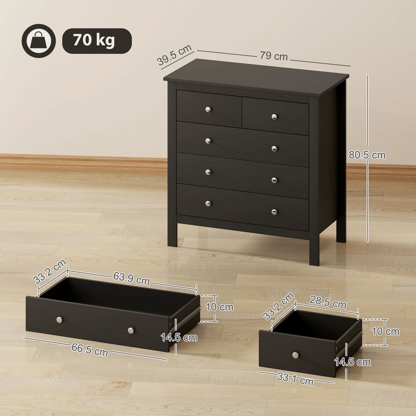 5-Drawer Chest of Drawers | 2 Small & 3 Large Drawers | Round Metal Knobs | Anti-Tip Straps | 70kg | Black