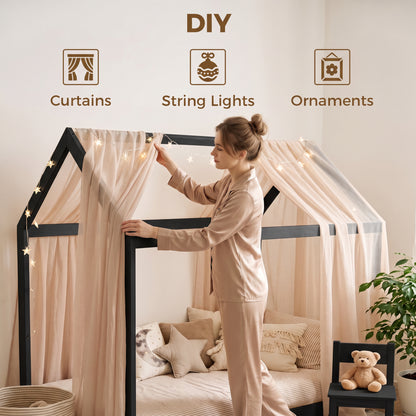 Single House Bed Frame | Pine Wood Kids Bed with Roof Frame, 15 Slats & 120 kg Capacity | 90 x 190 cm Mattress | Black
