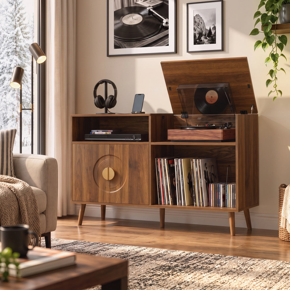Record Player Stand with Vinyl Storage for 300 Albums | 5 Record Slots | Flip-Top Compartment | Double-Door Cabinet | Cable Hole | Pine Legs | Melamine Finish | 120x40x76cm | Walnut Brown or Black