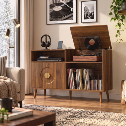 Record Player Stand with Vinyl Storage for 300 Albums | 5 Record Slots | Flip-Top Compartment | Double-Door Cabinet | Cable Hole | Pine Legs | Melamine Finish | 120x40x76cm | Walnut Brown or Black