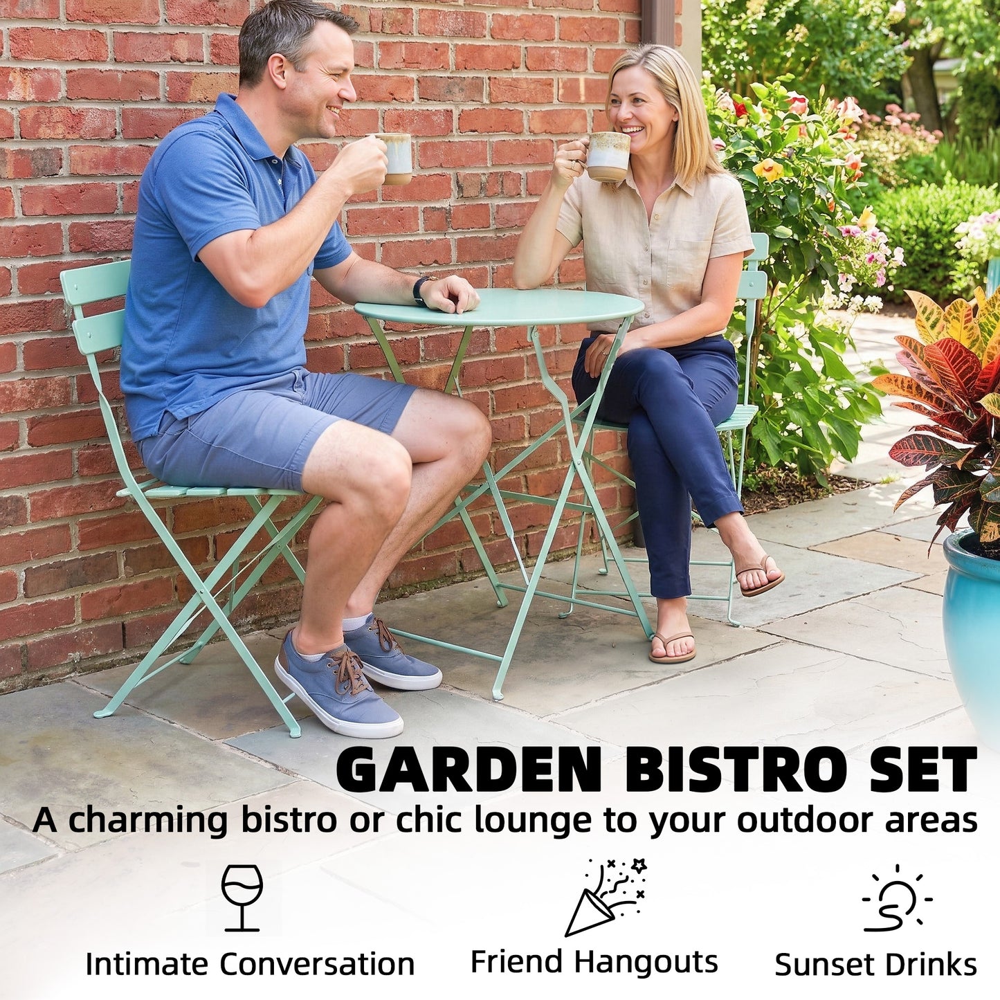 3 Piece Folding Garden Bistro Set | Round Table & 2 Chairs | Electrophoresis Powder Coated | Slatted Seat | No Assembly | 120kg | Light Green