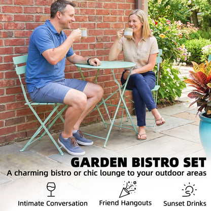 3 Piece Folding Garden Bistro Set | Round Table & 2 Chairs | Electrophoresis Powder Coated | Slatted Seat | No Assembly | 120kg | Light Green