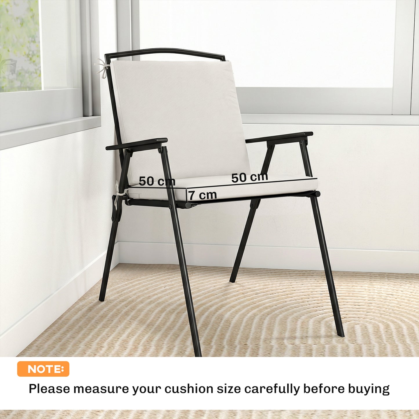 Set of 2 Garden Seat Cushions | 7cm High Density Foam | 50x50cm | Water Resistant | UV30+ | Fire Retardant | Zip Off Covers | Securing Ties | Cream White