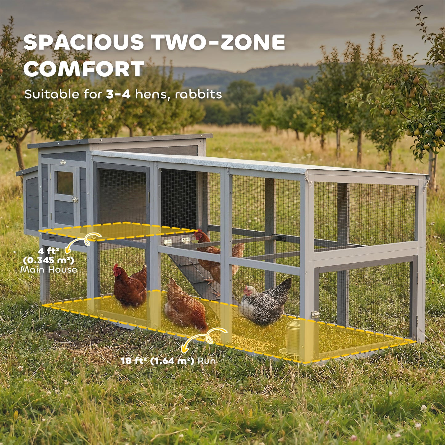 Large Chicken Coop & Hen House | 3-4 Chickens | Covered Run | Nesting Box | Pull-Out Tray | Asphalt Roof | Oxford Cover | 264cm | Grey