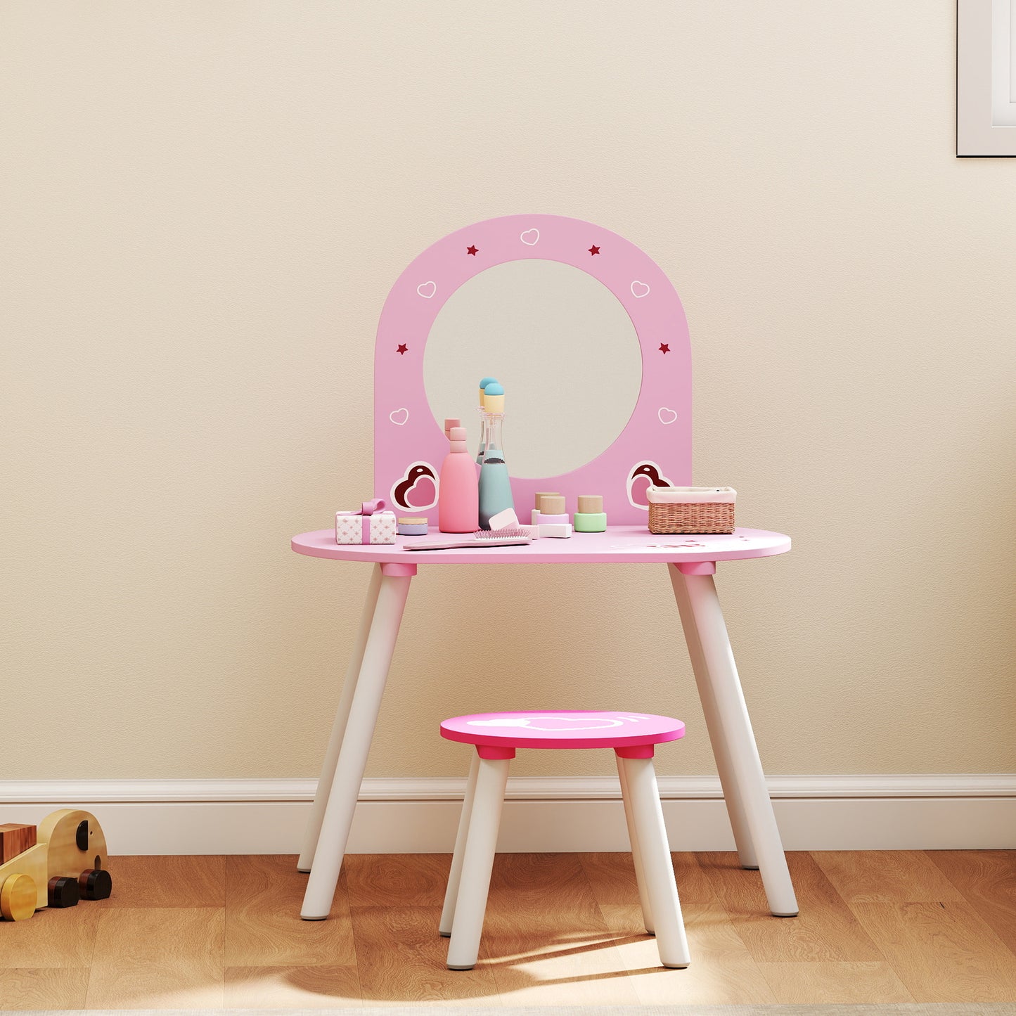AIYAPLAY Kids Dressing Table with Mirror and Stool, Girls Vanity Set for Kids Room, Bedroom, Nursery, for Ages 3–6 Years, Pink