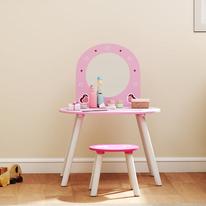 AIYAPLAY Kids Dressing Table with Mirror and Stool, Girls Vanity Set for Kids Room, Bedroom, Nursery, for Ages 3–6 Years, Pink