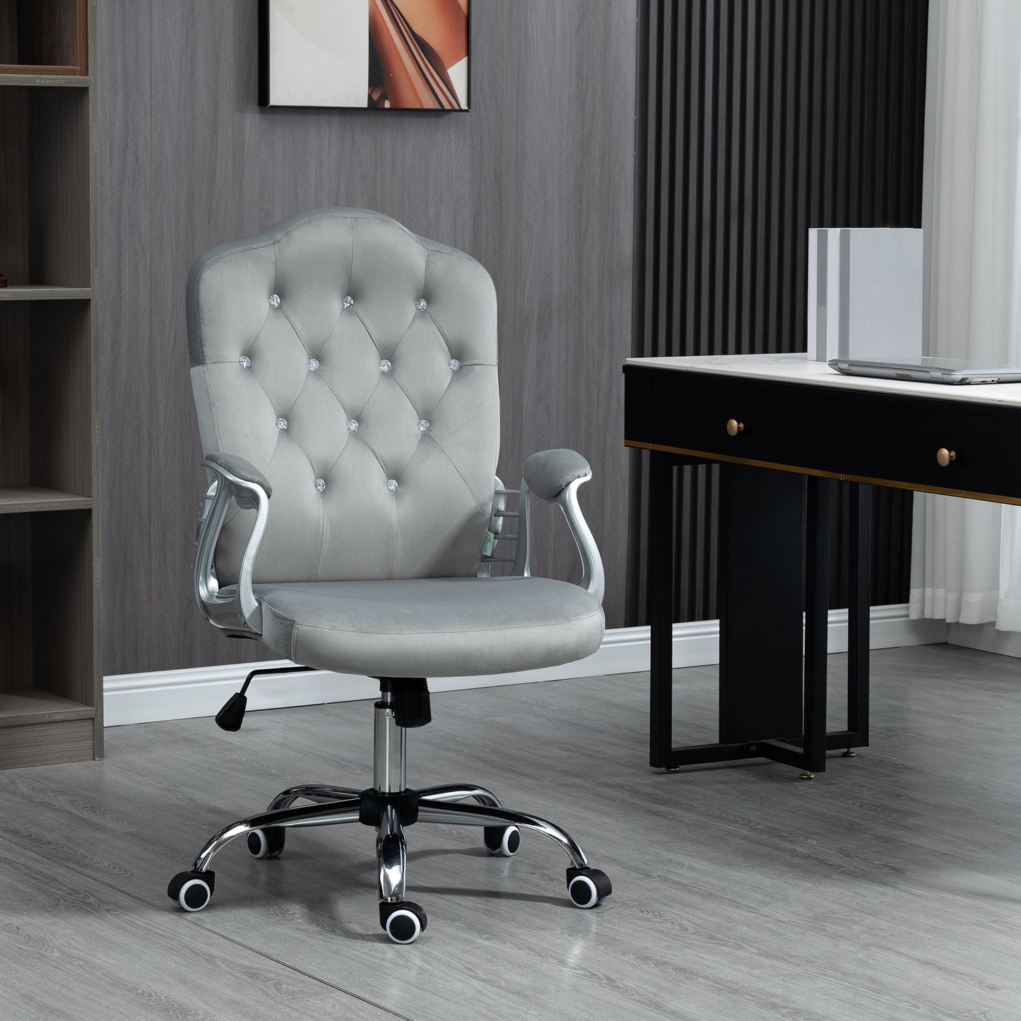 Glamour Velvet-Feel Office Chair | Diamante Back | Thick Padding | Adjustable Tilt | Armrests | 5 Wheels | Height Adjustable 47-57cm | 120kg | Grey