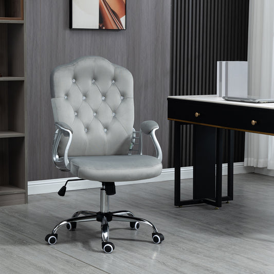 Glamour Velvet-Feel Office Chair | Diamante Back | Thick Padding | Adjustable Tilt | Armrests | 5 Wheels | Height Adjustable 47-57cm | 120kg | Grey