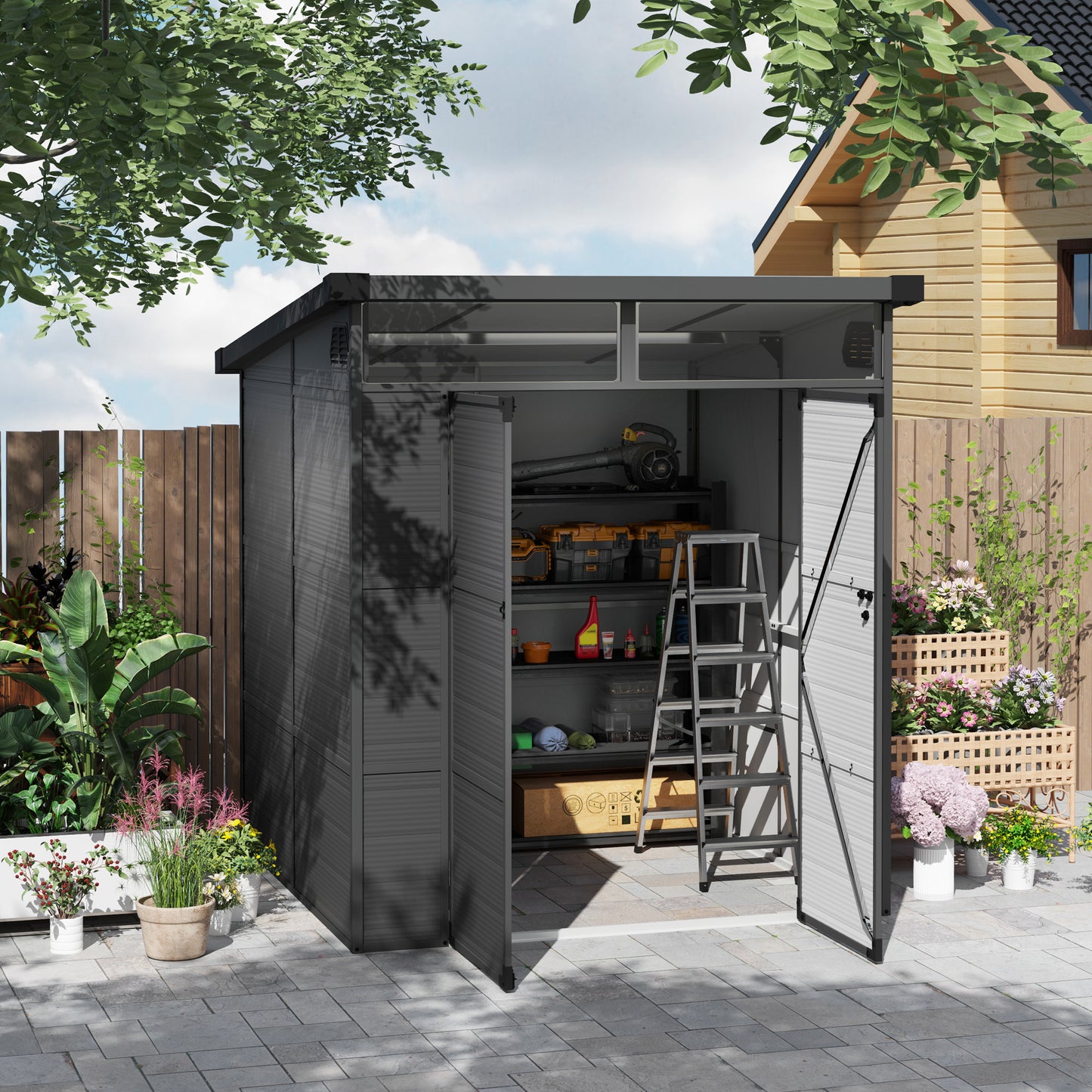 6 x 6ft Outdoor Storage Shed, Plastic Garden Shed with Windows and Air Vents, Outdoor Resin Tool Shed with Latch Doors for Garden, Deck