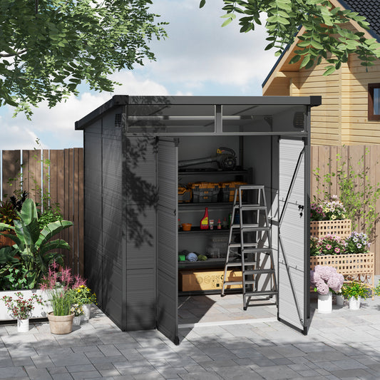 6 x 6ft Outdoor Storage Shed, Plastic Garden Shed with Windows and Air Vents, Outdoor Resin Tool Shed with Latch Doors for Garden, Deck