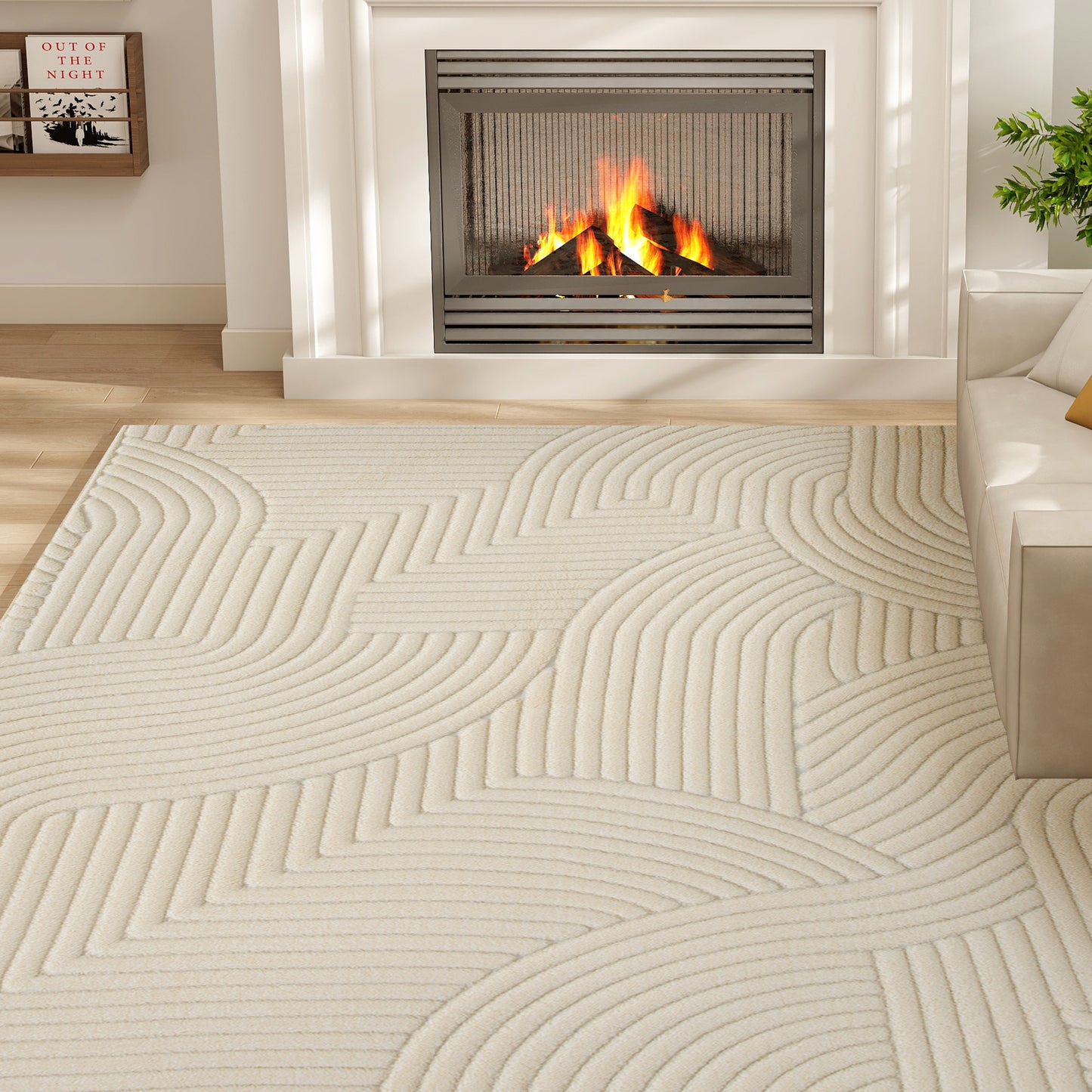 Modern Geometric Jacquard Rug | 15mm Plush Pile | Non-Slip Cotton-Polyester Backing | Reinforced Edges | 160x120cm | Cream