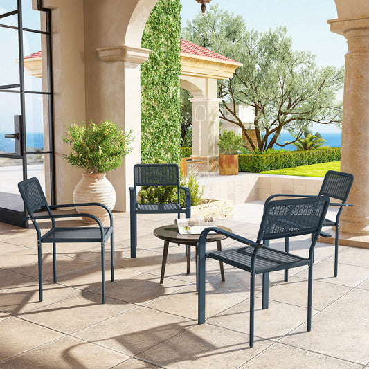 Garden Chairs Set of 4, Stackable Rattan Effect Dining Chairs with Armrest, Weather Resistant and Lightweight for Patio, Balcony, Terrace, Dark Grey