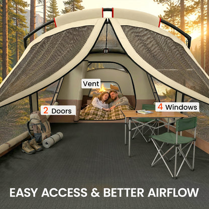 4-Person Cabin Camping Tent | 2 Rooms | 220cm Standing Height | 4 Skylights | 3000mm Waterproof | Sets Up in 5-15 Mins | 530 x 380 x 220cm | Brown & Khaki