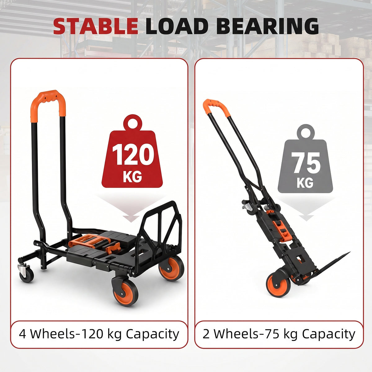 2-in-1 Folding Hand Truck | 120kg Platform Trolley & 75kg Sack Barrow | Steel Frame | Compact Foldaway Design | Black & Orange