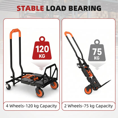 2-in-1 Folding Hand Truck | 120kg Platform Trolley & 75kg Sack Barrow | Steel Frame | Compact Foldaway Design | Black & Orange