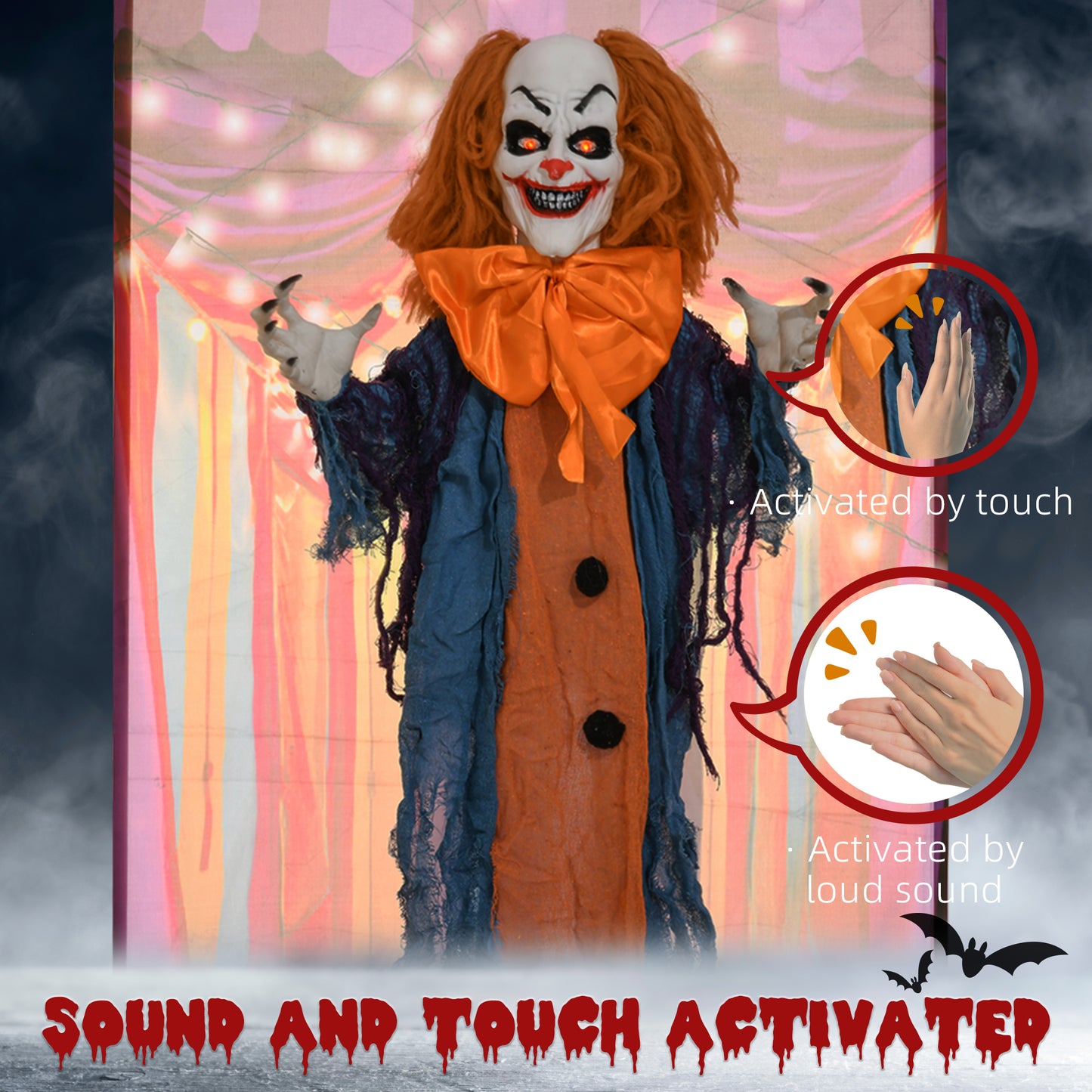 168 cm Life Size Halloween Animated Standing Circus Clown with Red Light Up Eyes, Sound Activated Moving Arms & Body, Scary Clown Halloween Decorations, Battery Operated, Indoor Party Props