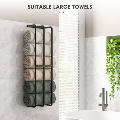 Towel Rail Wall Mounted Metal Rack Holder Organiser Holds Up to 6 Large Size (160 x 100cm) Rolled Towels, 3 Bar Towel Storage for Bathroom - Black