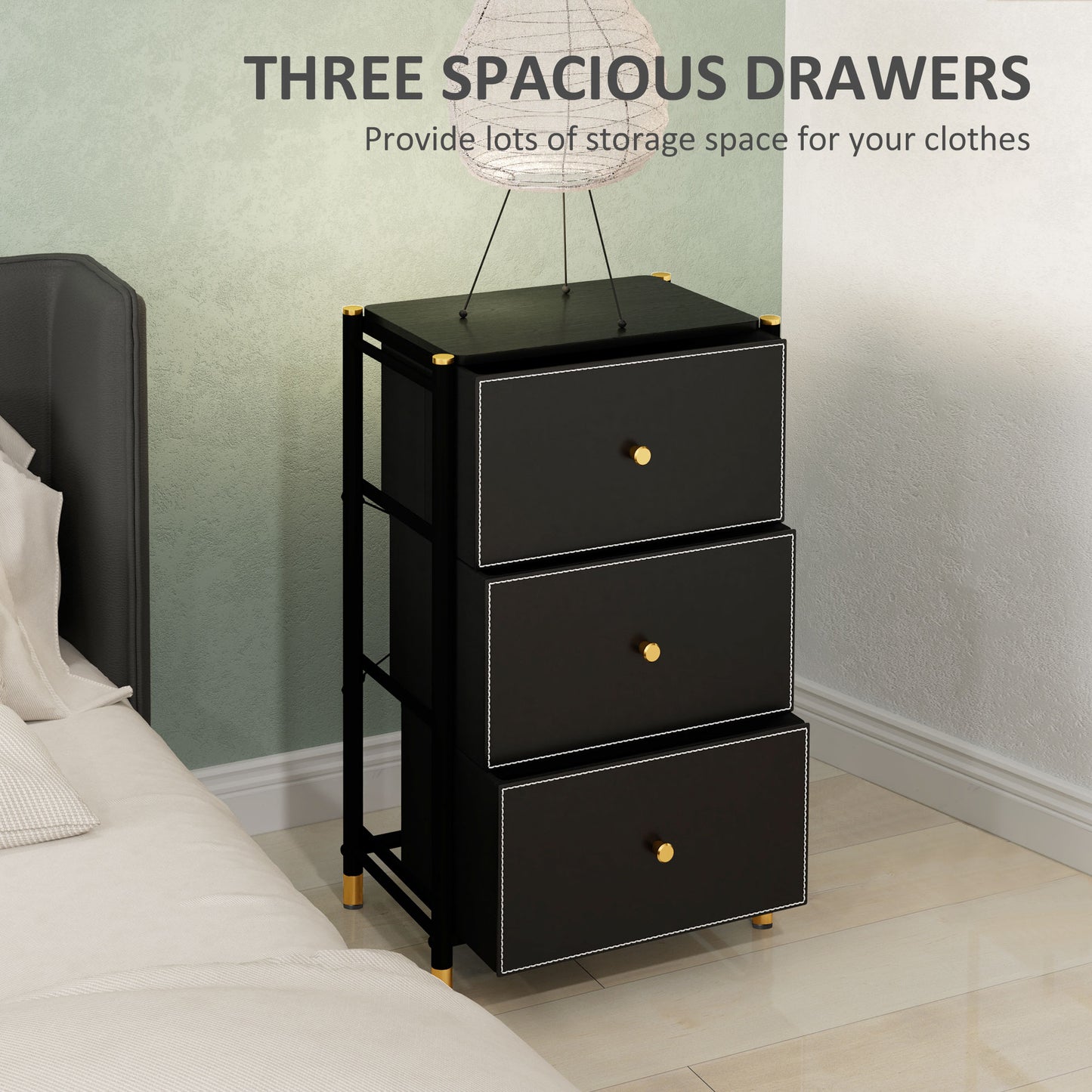 Chest of Drawers, Fabric Dresser with 3 Drawers and Steel Frame, Storage Organizer Unit for Bedroom, Living Room, Hallway, Black