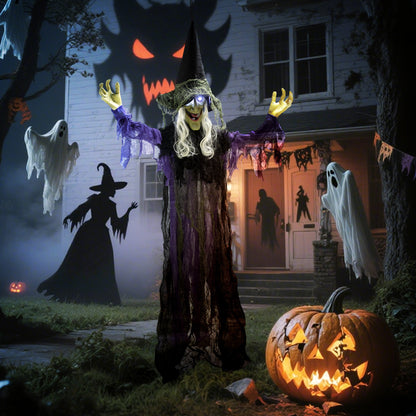 183 cm Life Size Halloween Animated Hanging Witch with Glowing LED Eyes, Spooky Witch Scary Halloween Decorations, Battery Operated, Indoor Party Props