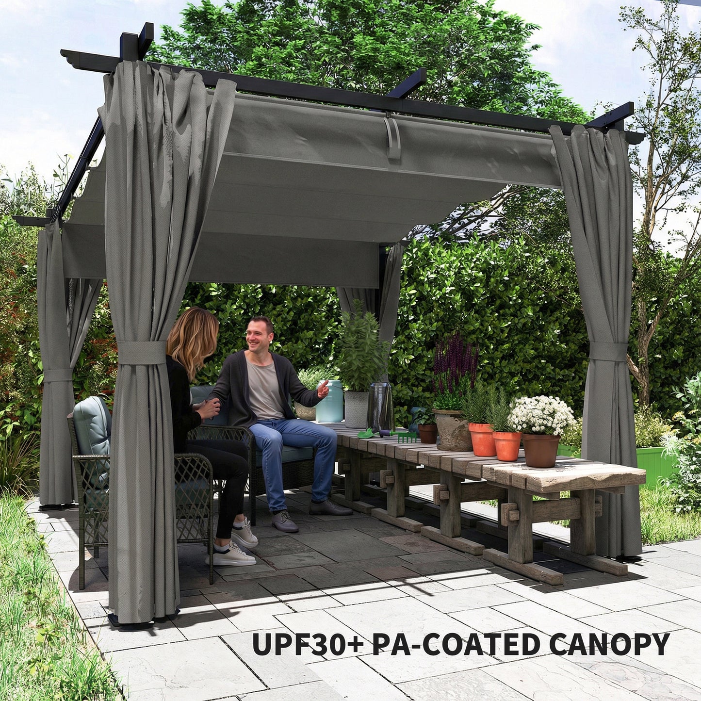 3x3m Retractable Roof Garden Pergola with 3 Side Curtains | UPF30+ Splash-Proof Canopy | Powder-Coated Metal Frame | Windproof Level 5-6 | Snow Load Rated | Ground Stakes | Light Grey