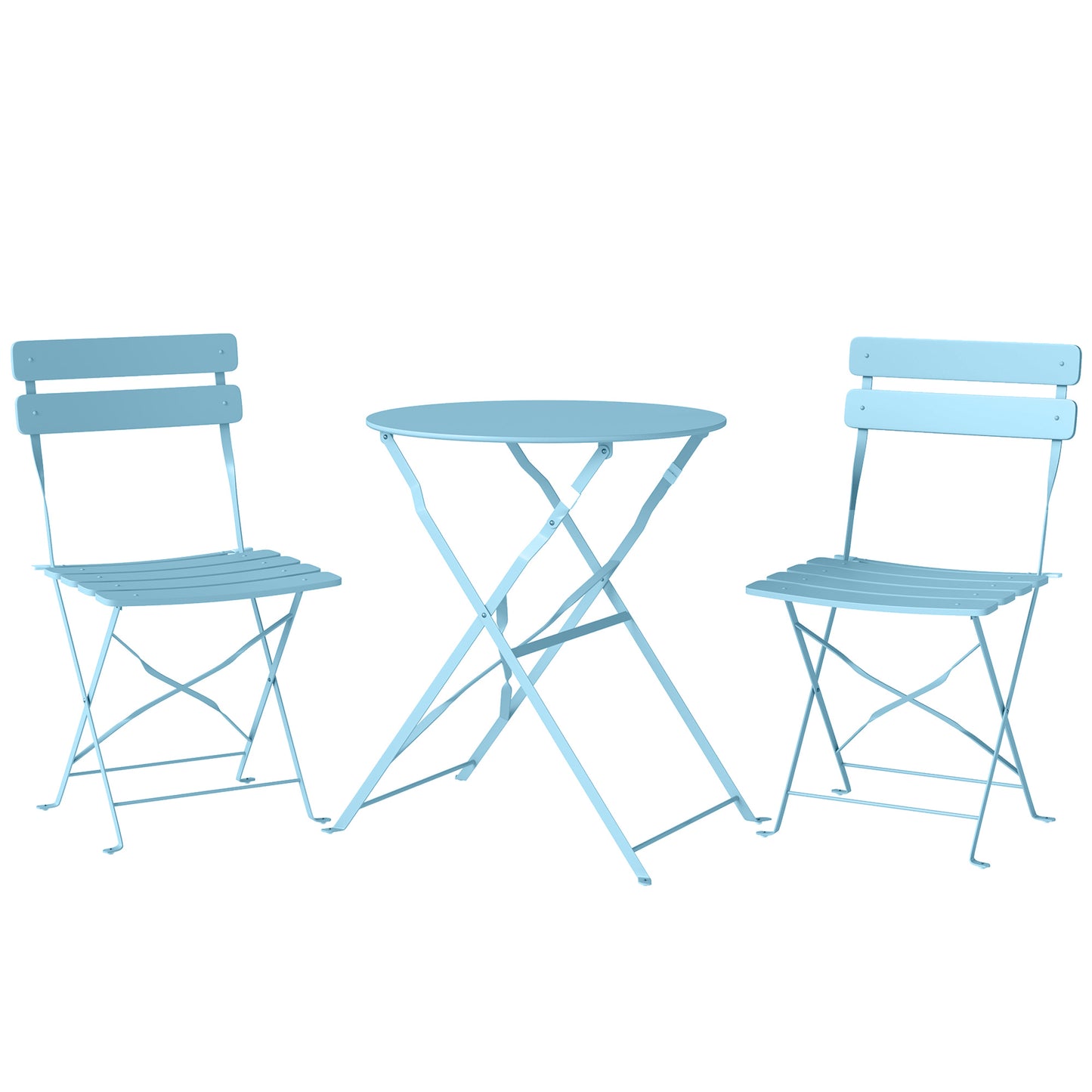 3-Piece Folding Garden Bistro Set | 2 Chairs & Round Table | Electrophoresis Metal | No Assembly | Folds to 8.5cm | 120kg | Light Blue