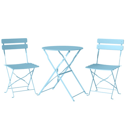 3-Piece Folding Garden Bistro Set | 2 Chairs & Round Table | Electrophoresis Metal | No Assembly | Folds to 8.5cm | 120kg | Light Blue