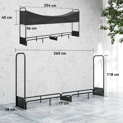 8.5ft Firewood Rack, Heavy Duty Log Storage Holder with Waterproof 600D Oxford Log Cover for Fireplace Fire Pits Outdoor Patio Wood Storage, 300 kg Large Capacity, Black