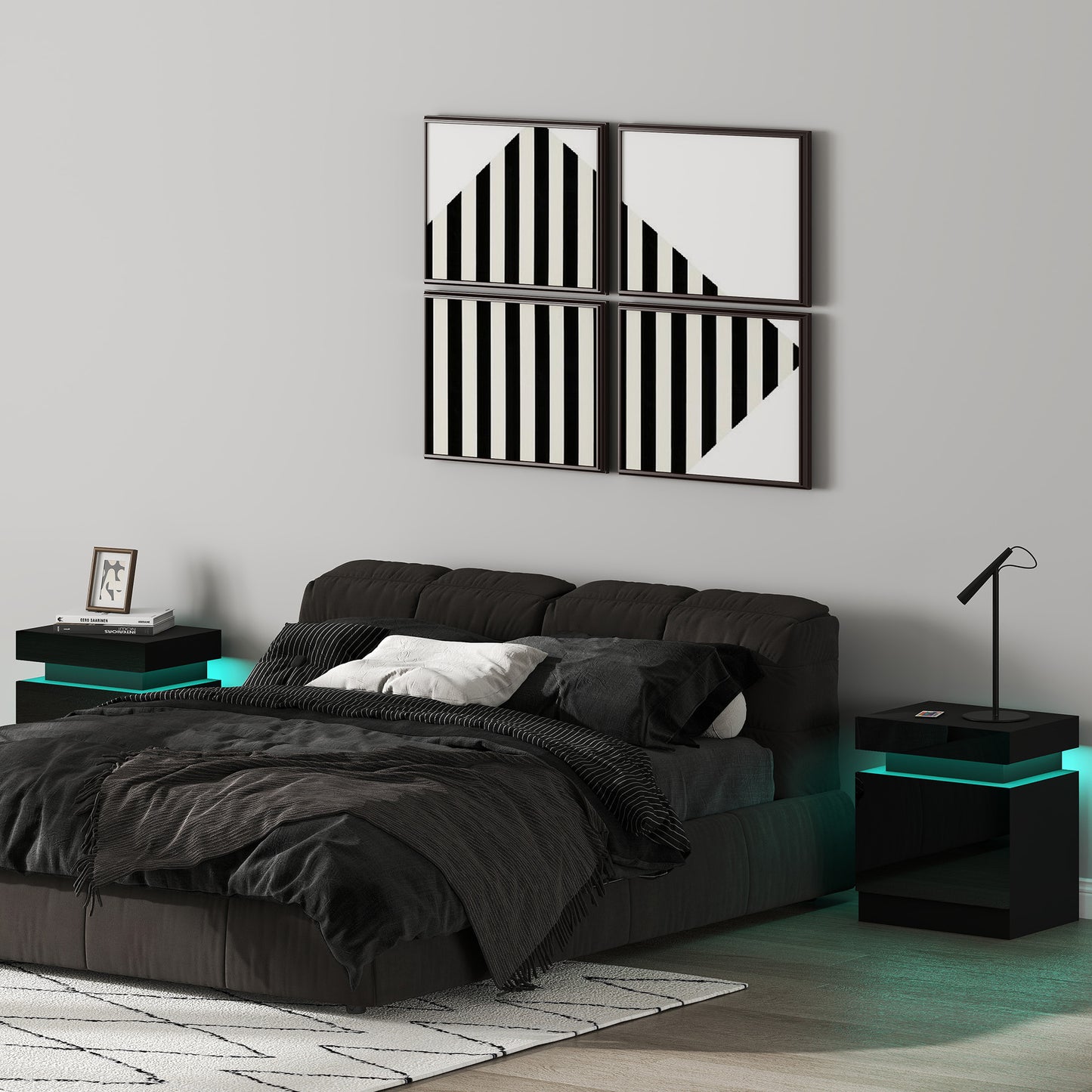 Set of 2 High Gloss Bedside Tables | RGB LED Light | 2 Drawers | Black
