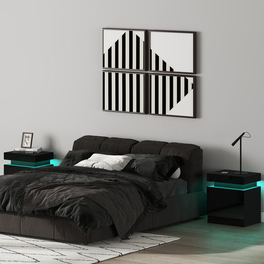 Set of 2 High Gloss Bedside Tables | RGB LED Light | 2 Drawers | Black