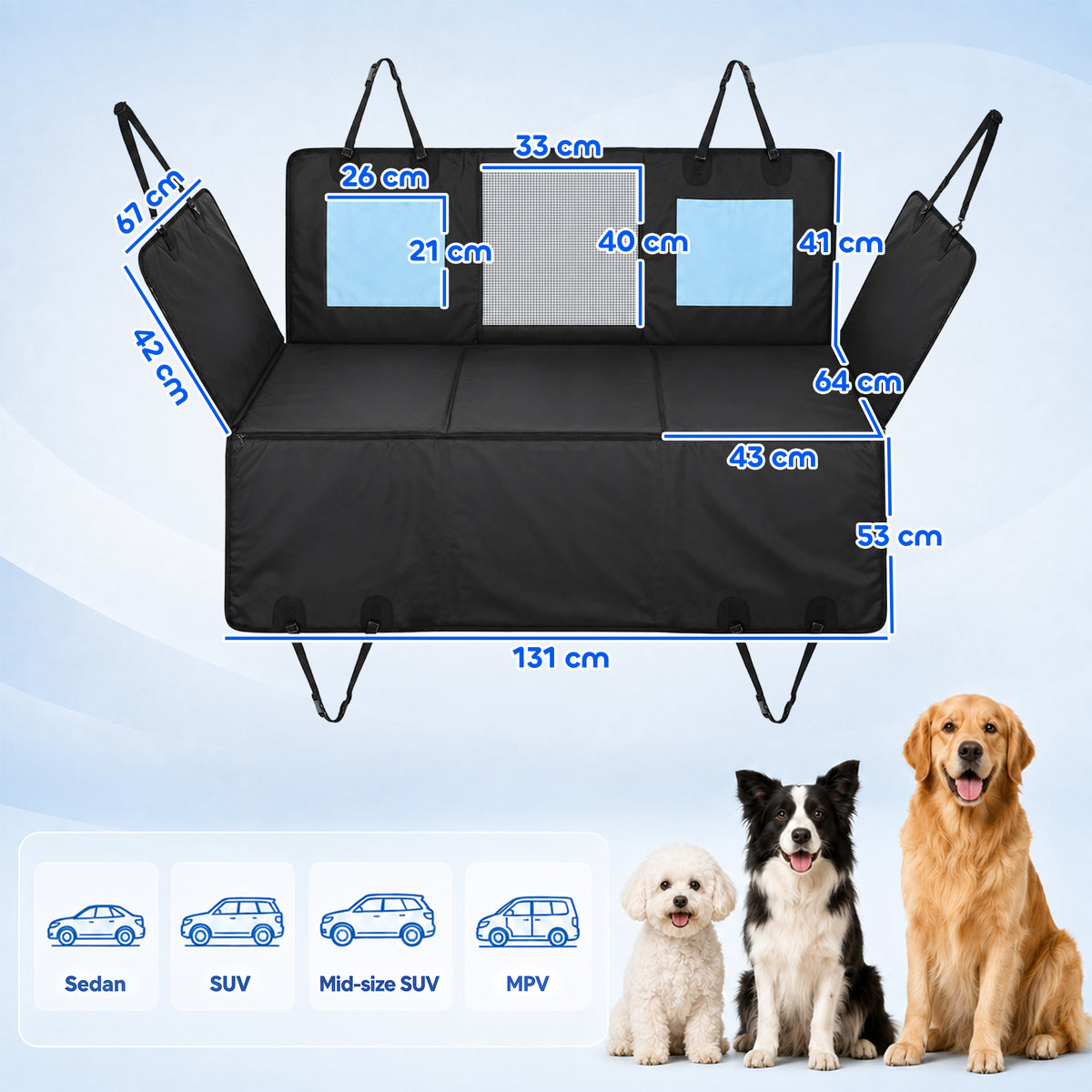 Dog Car Seat Cover | Blue Waterproof Back Seat Travel Hammock with Mesh Window & Pockets