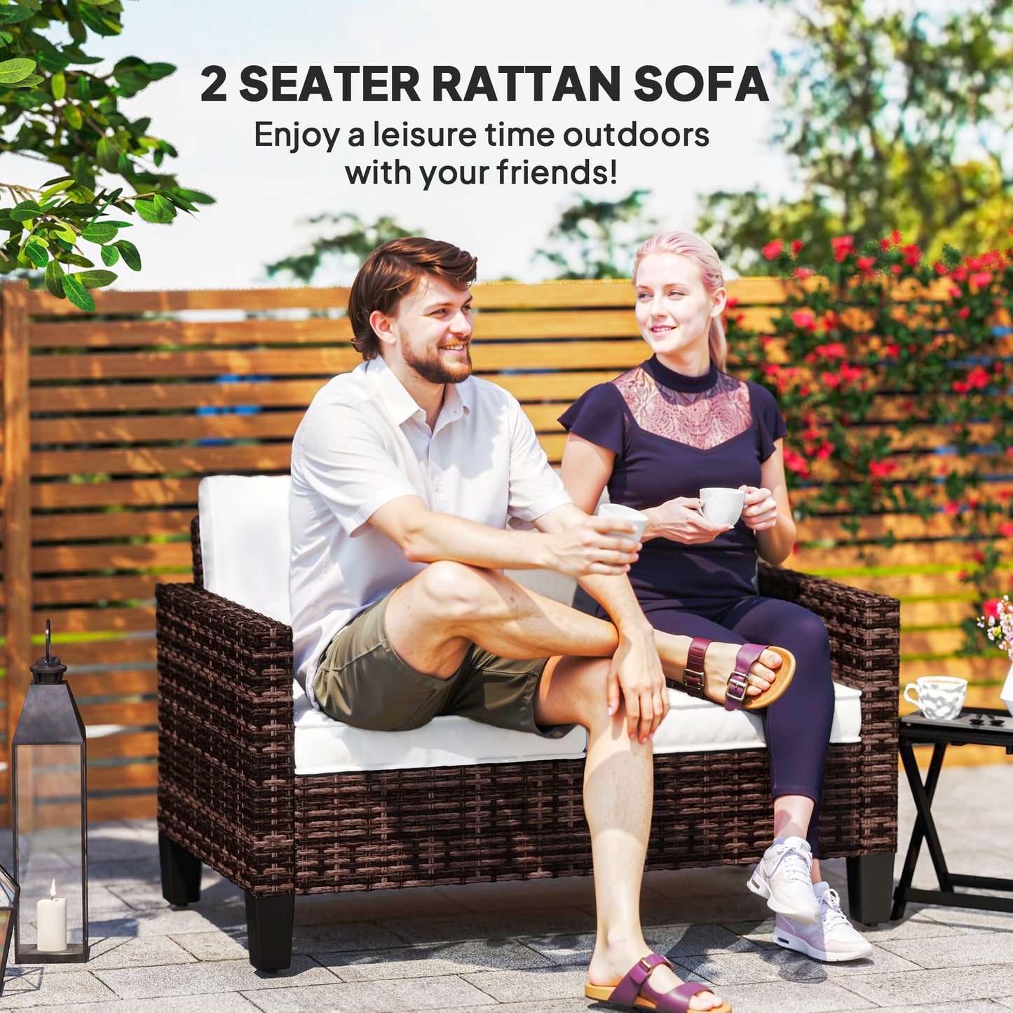 2-Seater Rattan Outdoor Sofa | 8cm Washable Cushions | Galvanised Steel Frame | Adjustable Feet | 240kg | Brown Rattan & Cream Cushions