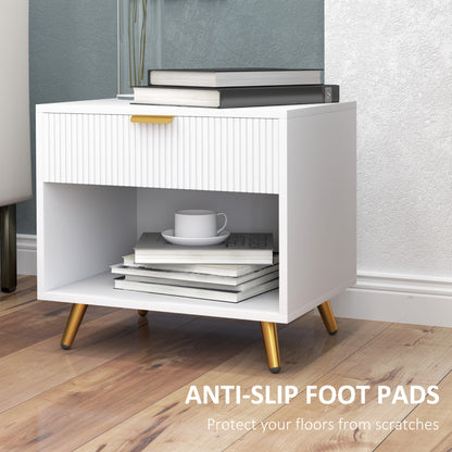 Set of 2 Bedside Tables | Ribbed Drawer | Gold Legs & Handle | Open Shelf | White | 50x47cm