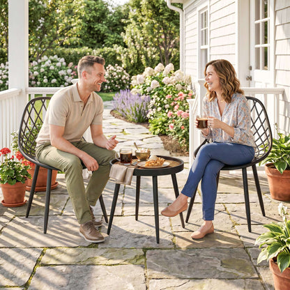 3-Piece Outdoor Bistro Set | 2 Chairs & Round Table | PP Mesh Backrest | Reinforced X-Frame | Anti-Rust Metal Legs | Adjustable Footpads | 120kg Chair Capacity | Garden & Balcony | Black