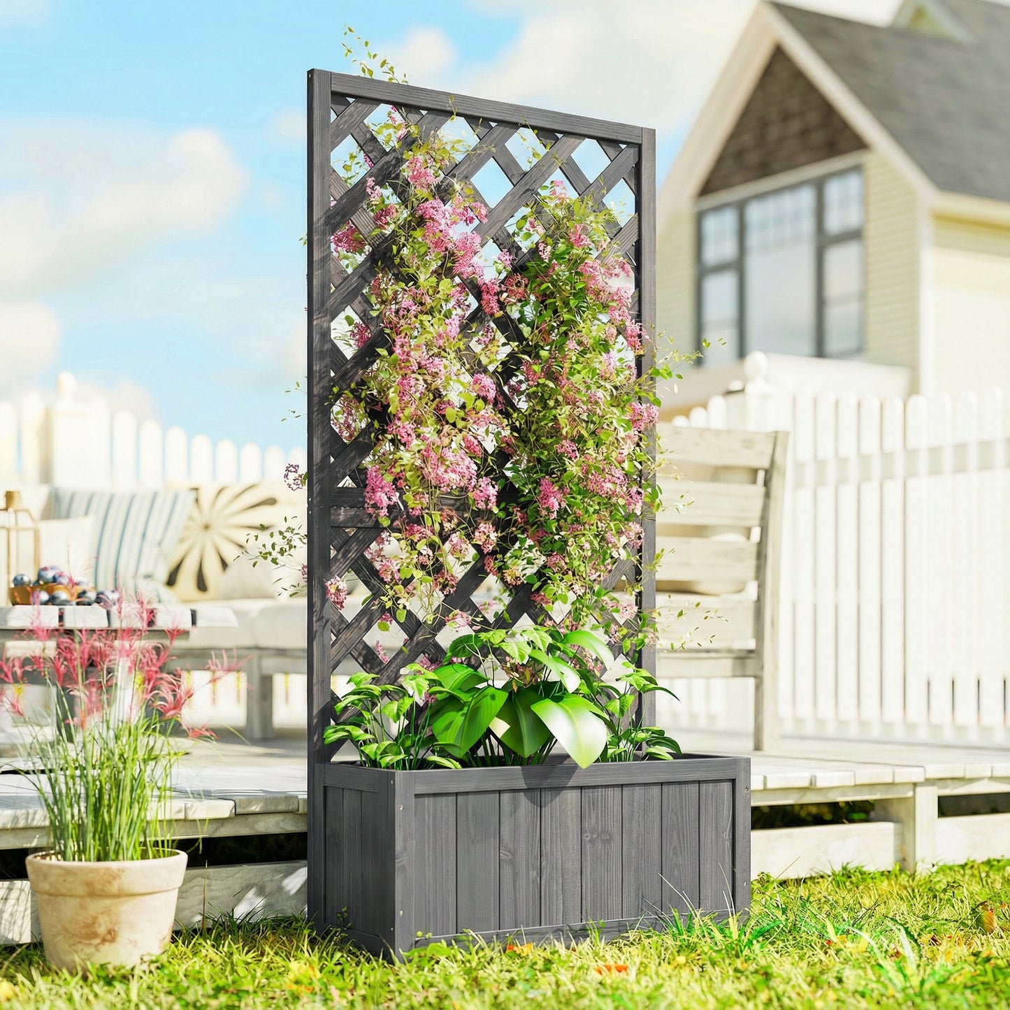 Wooden Planter Box with Trellis | Solid Fir Wood | Rot-Resistant | Drainage Holes | 25kg Capacity | 72.5x31.5x149.5cm | For Herbs Flowers & Climbing Plants | Grey