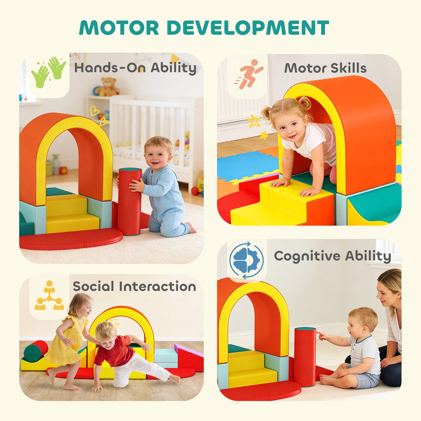 10-Piece Kids Soft Play Set | PU Leather & EPE Foam | Climbing Blocks | Anti-Slip Hook-and-Loop Pads | 90kg Capacity | EN71 Certified | Ages 12-36 Months | 152x82x70cm | Multicolour